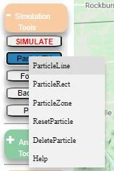 Particle tracking tools submenu showing ParticleLine, ParticleRect, ParticlePoly, and DeleteParticle options accessed through Simulation Tools then ParticleTK