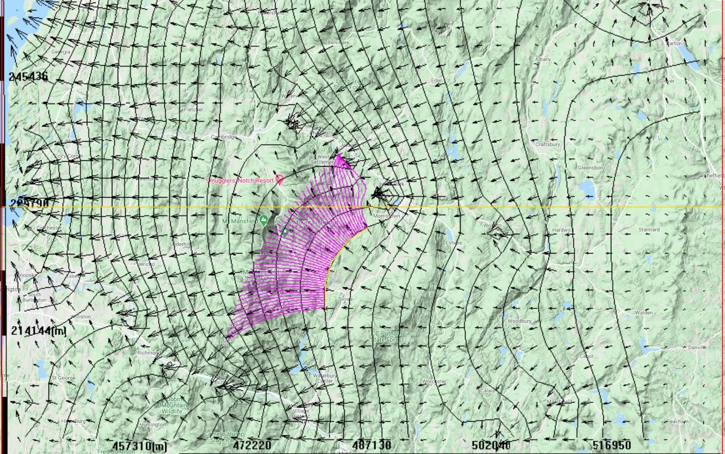 Simulated groundwater pathlines showing particle trajectories across the model domain, with longer pathlines in areas of steeper hydraulic gradients and higher flow velocities