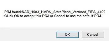 Prompt indicating the suggested projection (select OK to use the suggested projection; or cancel to use your own projection identified in the Domain Attribute menu,