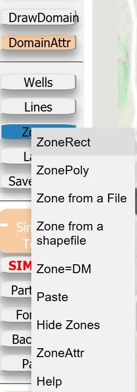 Zone selection window showing zone options for conceptual model features including ZoneRect, ZonePoly, ZoneCircle, and related tools