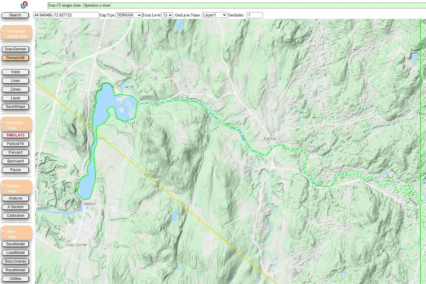 Simulated results with both lake and stream features added to the submodel, showing modified flow patterns with new Stream terms in the water balance chart