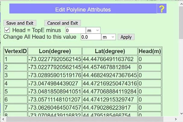 Edit Polyline Attributes menu for two-way head dependent flux treatment of a line feature.