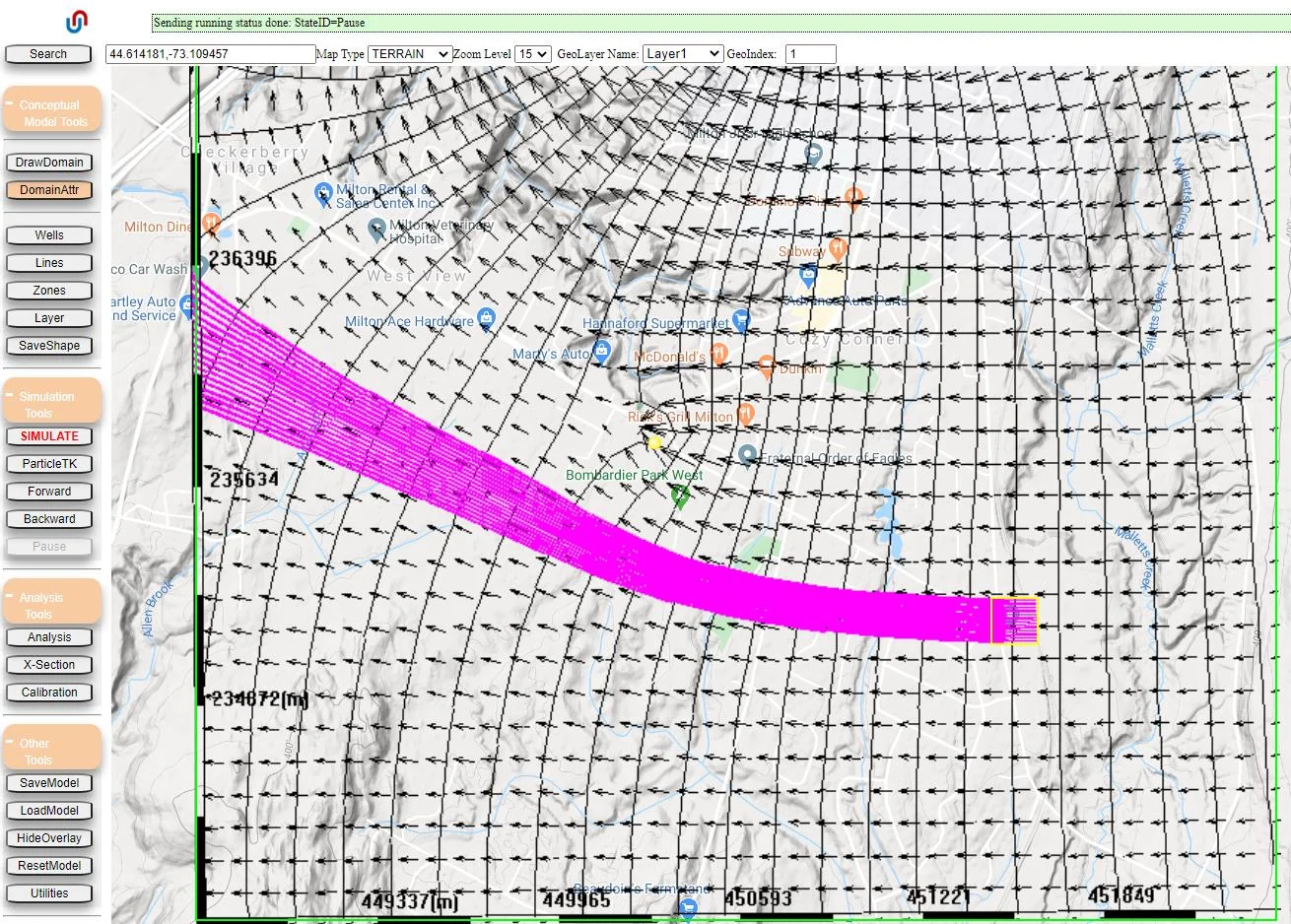 Domain Attributes Aquifer Attributes tab showing the longitudinal dispersivity coefficient input field set to 7 meters for contaminant transport modeling