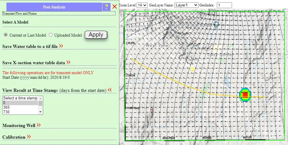 Plan-view results of transient simulation at time t=0 days showing initial head contour distribution before time-varying stresses take effect