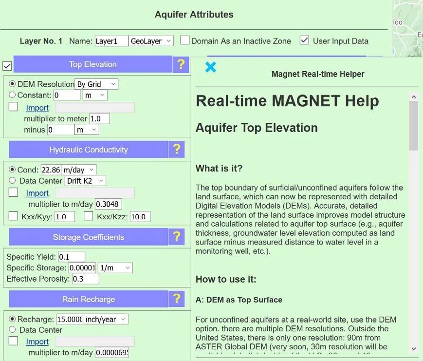 Aquifer attributes selection window showing all configurable parameters including Top Elevation, Bottom Elevation, Hydraulic Conductivity, Rain Recharge, Storage Coefficients, and Surface Drainage Discharge