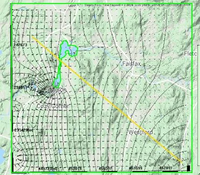 Calculated hydraulic head surface showing groundwater flow patterns around an explicitly-modeled two-way coupled lake, with the lake acting as both a source of recharge to and a sink from the aquifer