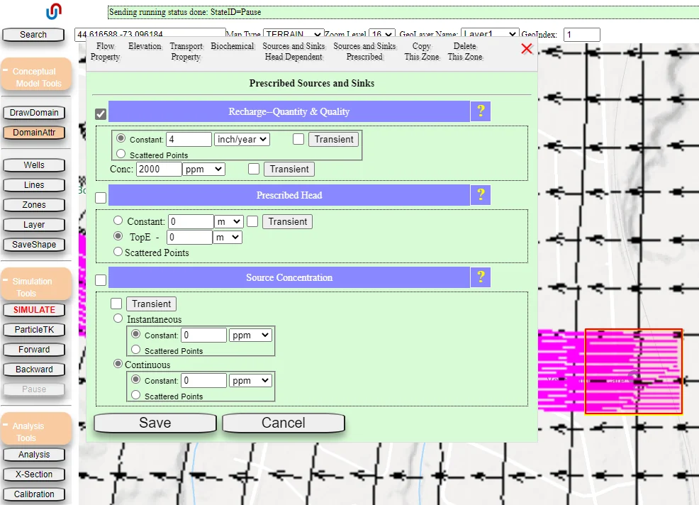 Source of dissolved species assigned in the Prescribed Sources and Sinks tab of the Zone Attributes dialog, showing concentration field and continuous vs instantaneous options