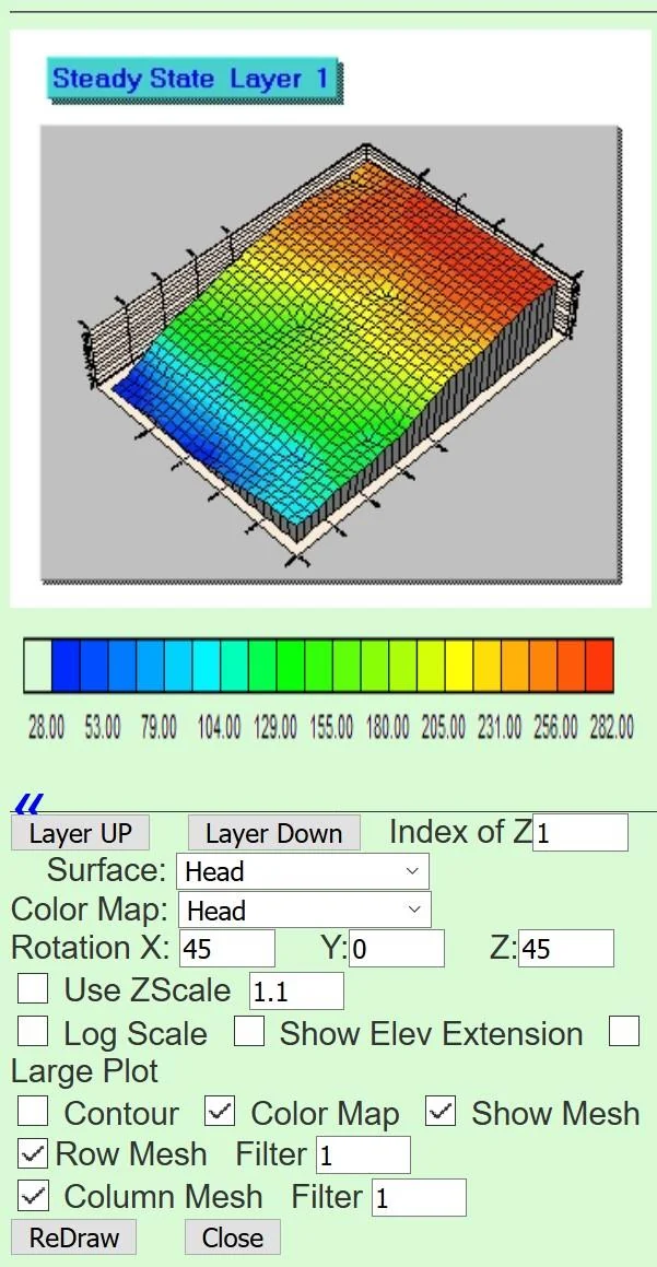 A regional parent model with converged head solution showing regional flow patterns, surface water features, and topographic context across a broad domain