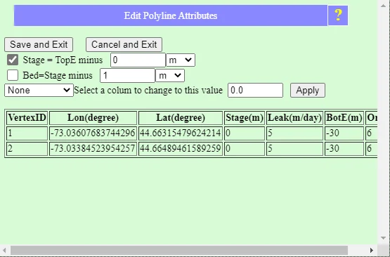 The Edit Polyline Attributes menu showing variable stage configuration along a river reach, with options for DEM-based stage minus an offset