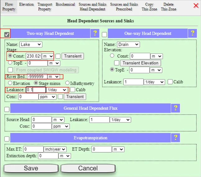 Zone Attributes dialog showing the Two-way Head Dependent section for Barron Lake with stage 230.02 m, From coupled SW/GW modeling checkbox enabled, River Bed sentinel value, and IsBathymetry option pointing to WaterDepth.txt