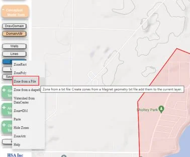 Barron Lake polygon loaded from a text file showing the lake boundary on the model map with the tolerance and keep-existing-zones prompts