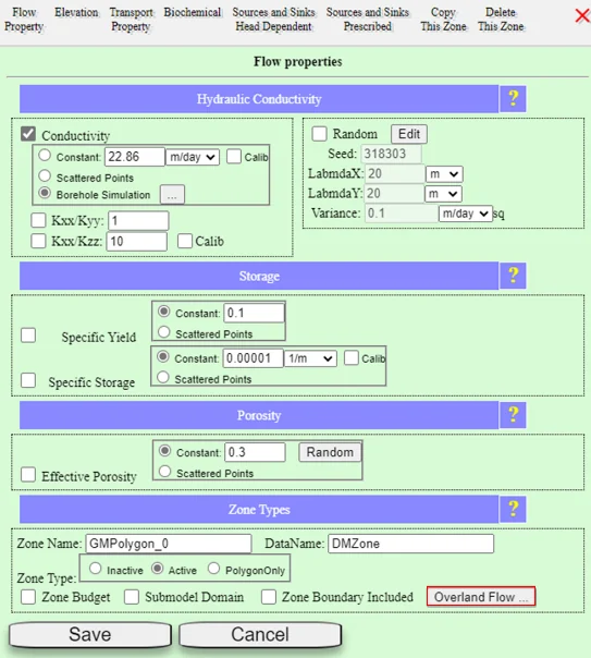 The Surface Water Overland Flow Options menu showing Land Use and Cover tab with Manning coefficient and other surface parameters for the Barron Lake watershed solver configuration