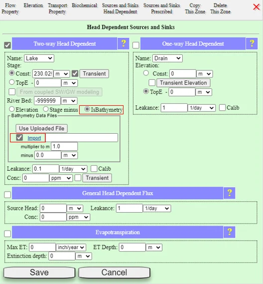 The Surface Water Source and Sink dialog showing SW Prescribed Source/Sink, Runoff Flow Rate, Hydraulic Outlet, Precipitation, Evaporation, Snow Melting, and SW Stage Measurement options for the Barron Lake coupled model