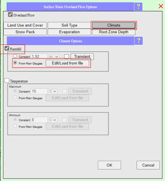 The Climate tab of the Overland Flow Options dialog with Rainfall From Rain Gauges selected, Temperature enabled, and Load Rainfall Data dialog showing From Data Center option