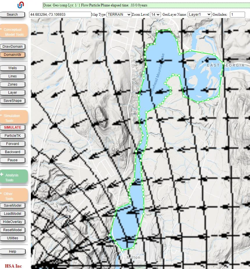 Model display showing a polygon representation of a lake drawn near a town, with the lake's boundary outlined on the web map