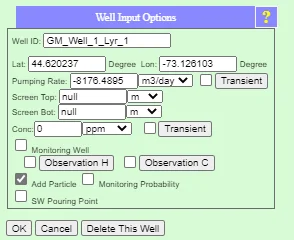 Well Input Options dialog with the Add Particle checkbox visible, showing the full well record form with all fields for configuring a pumping well