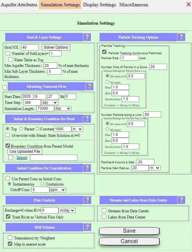 Simulation Settings tab of the Domain Attributes menu showing Grid NX field set to 40 along with convergence tolerance, solver selection, and other numerical parameters
