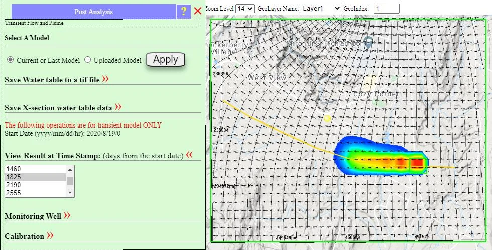 Plan-view results of transient simulation at time t=1825 days (5 years) showing evolved head contours after 5 years of transient stresses including pumping changes