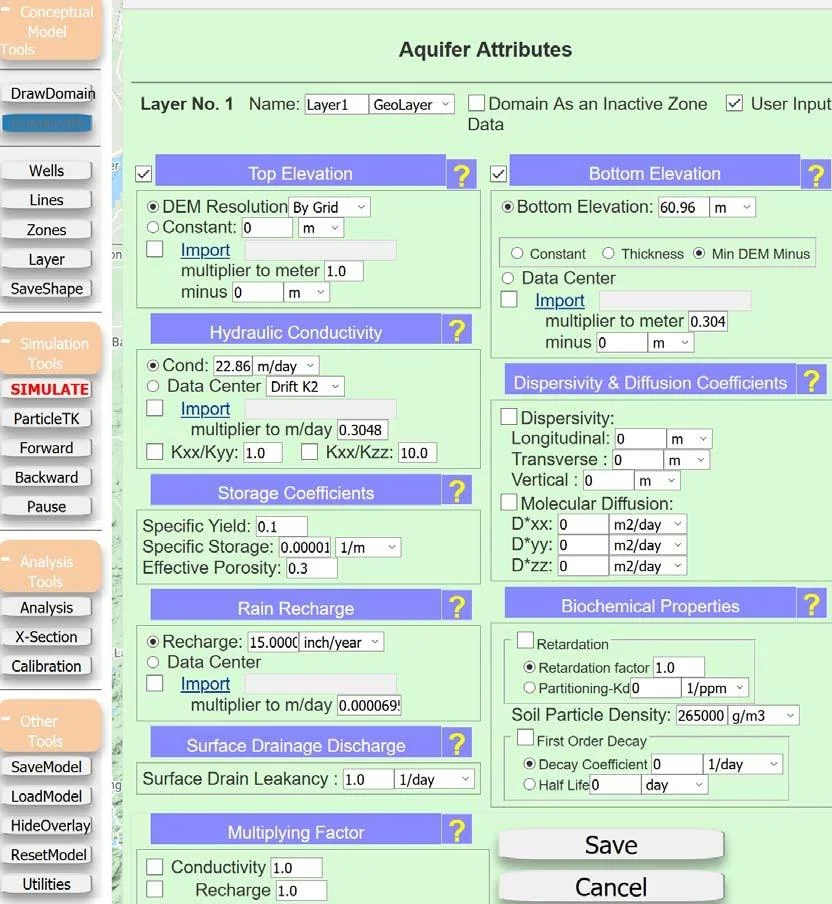 Domain Attributes window accessed through the DomainAttr button, showing the Aquifer Attributes tab as the default view