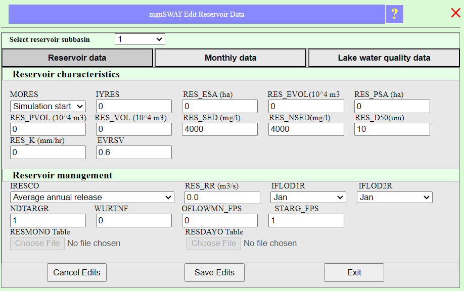 Edit reservoir data Edit reservoir data